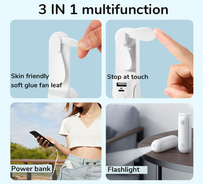 Portable USB Fan with integral Power Bank & Flashlight - Base Foldable